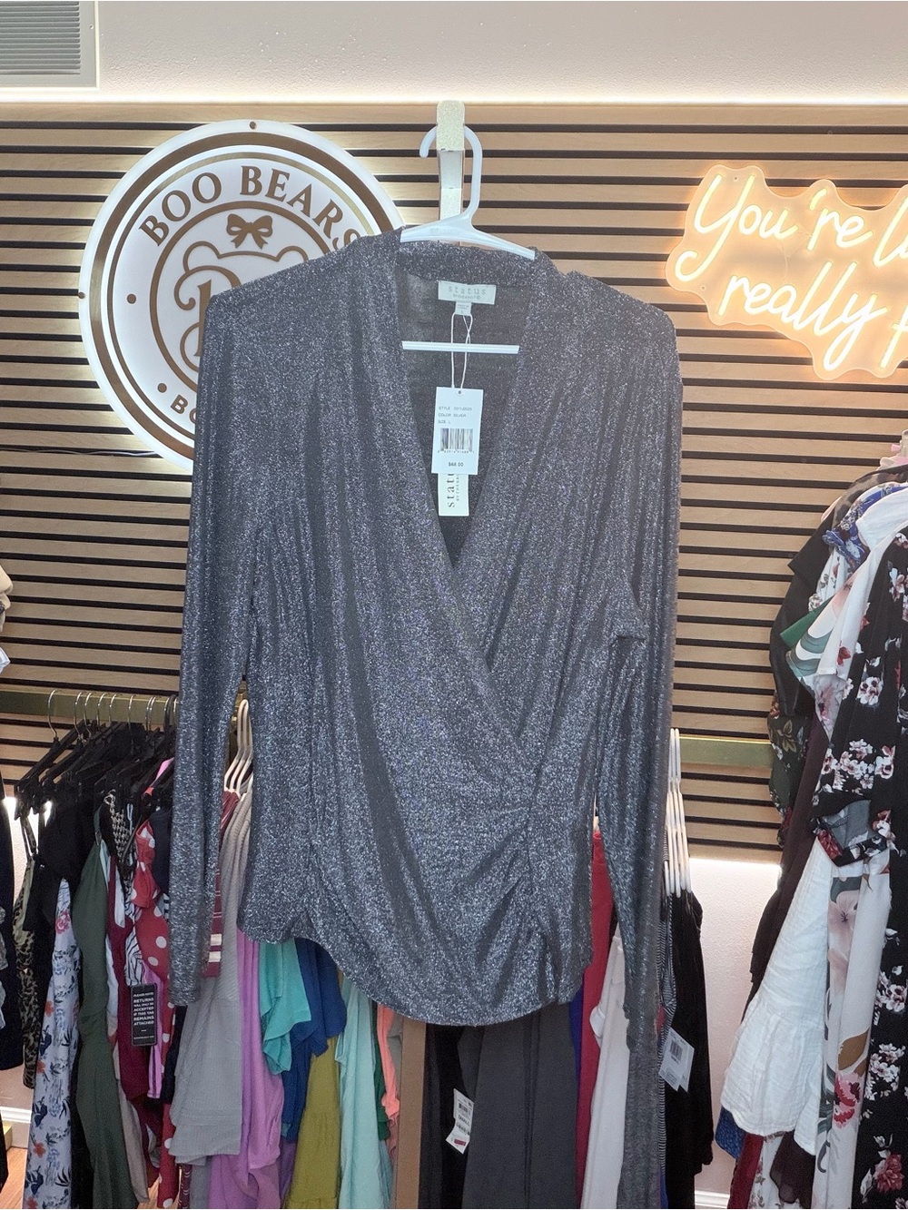 Chenault Metallic Silver Wrap Blouse